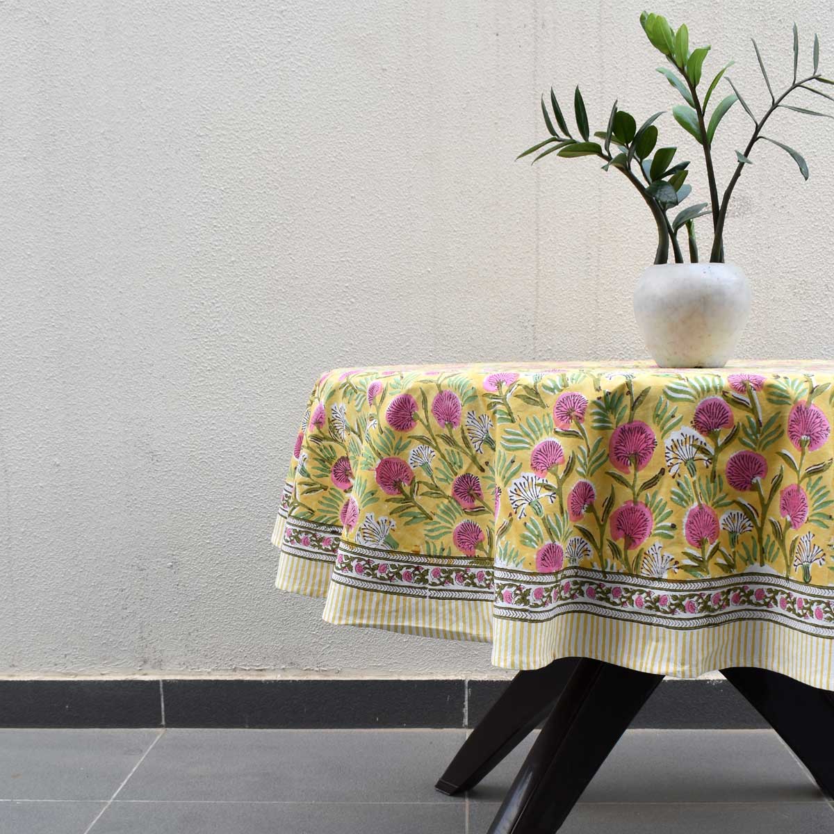 Hand Block Printed Cotton Round Tablecloth 150 cms Desert Blossom Pink Gud 105964