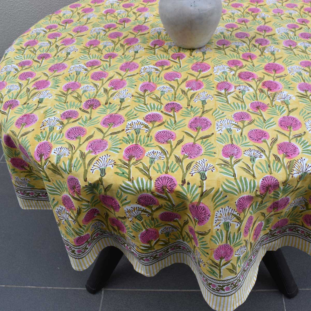 Hand Block Printed Cotton Round Tablecloth 150 cms Desert Blossom Pink Gud 105964