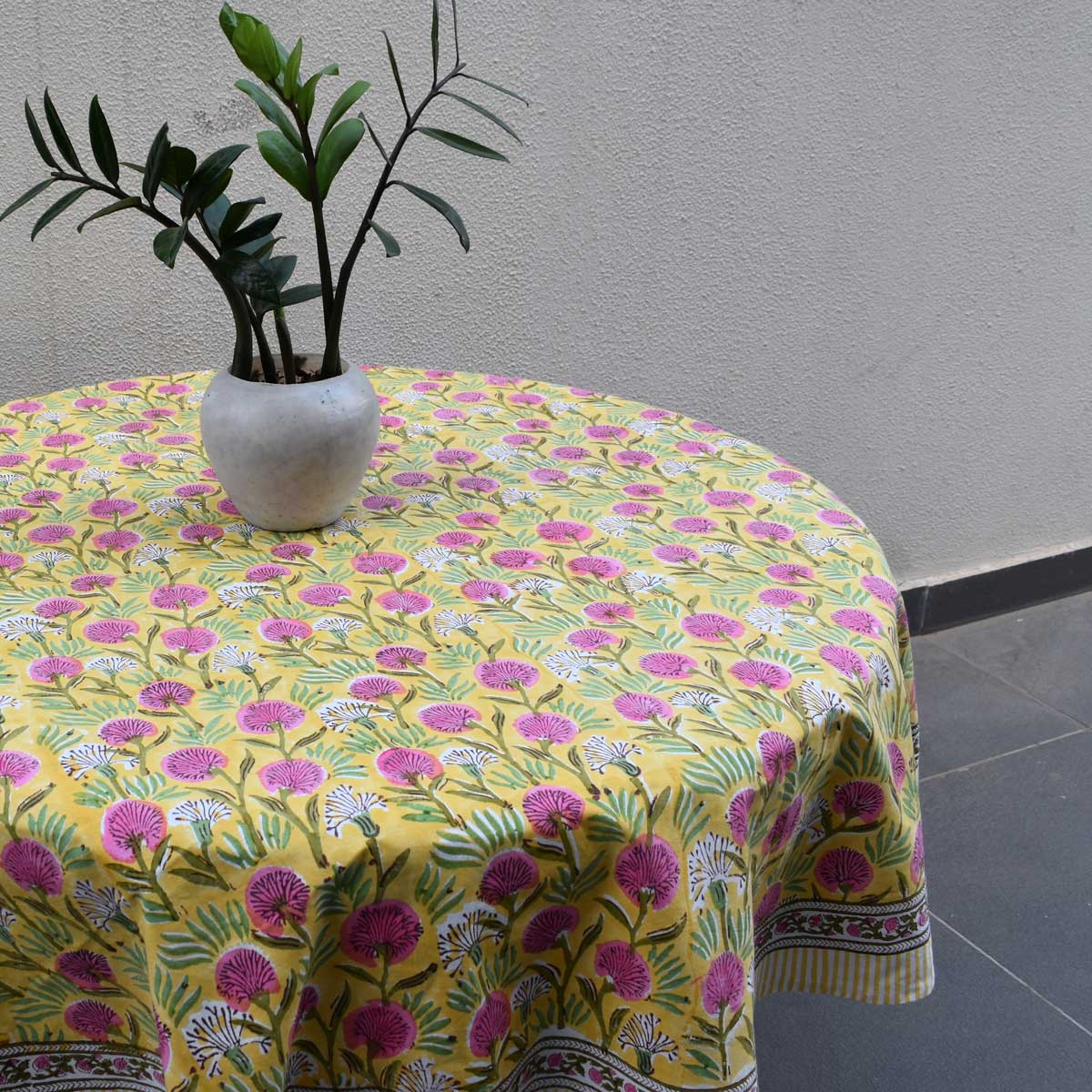 Hand Block Printed Cotton Round Tablecloth 150 cms Desert Blossom Pink Gud 105964