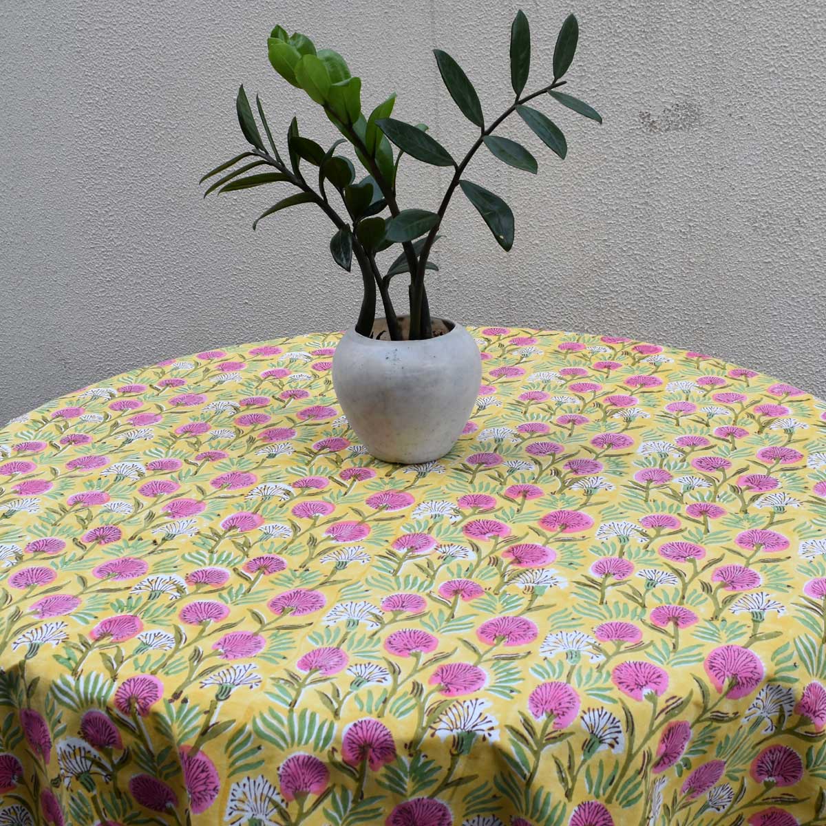 Hand Block Printed Cotton Round Tablecloth 150 cms Desert Blossom Pink Gud 105964