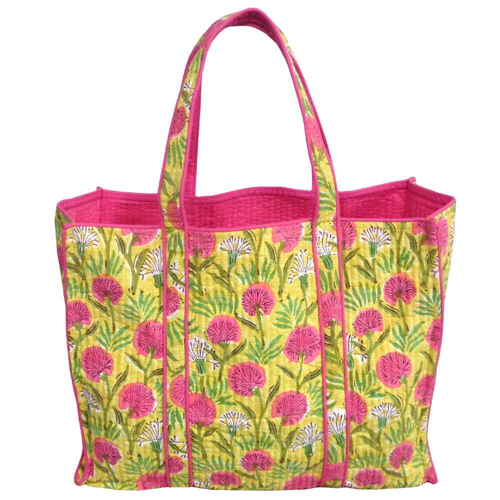 Hand Block Printed Cotton Quilted Tote Bag Desert Blossom Pink Gud 200441