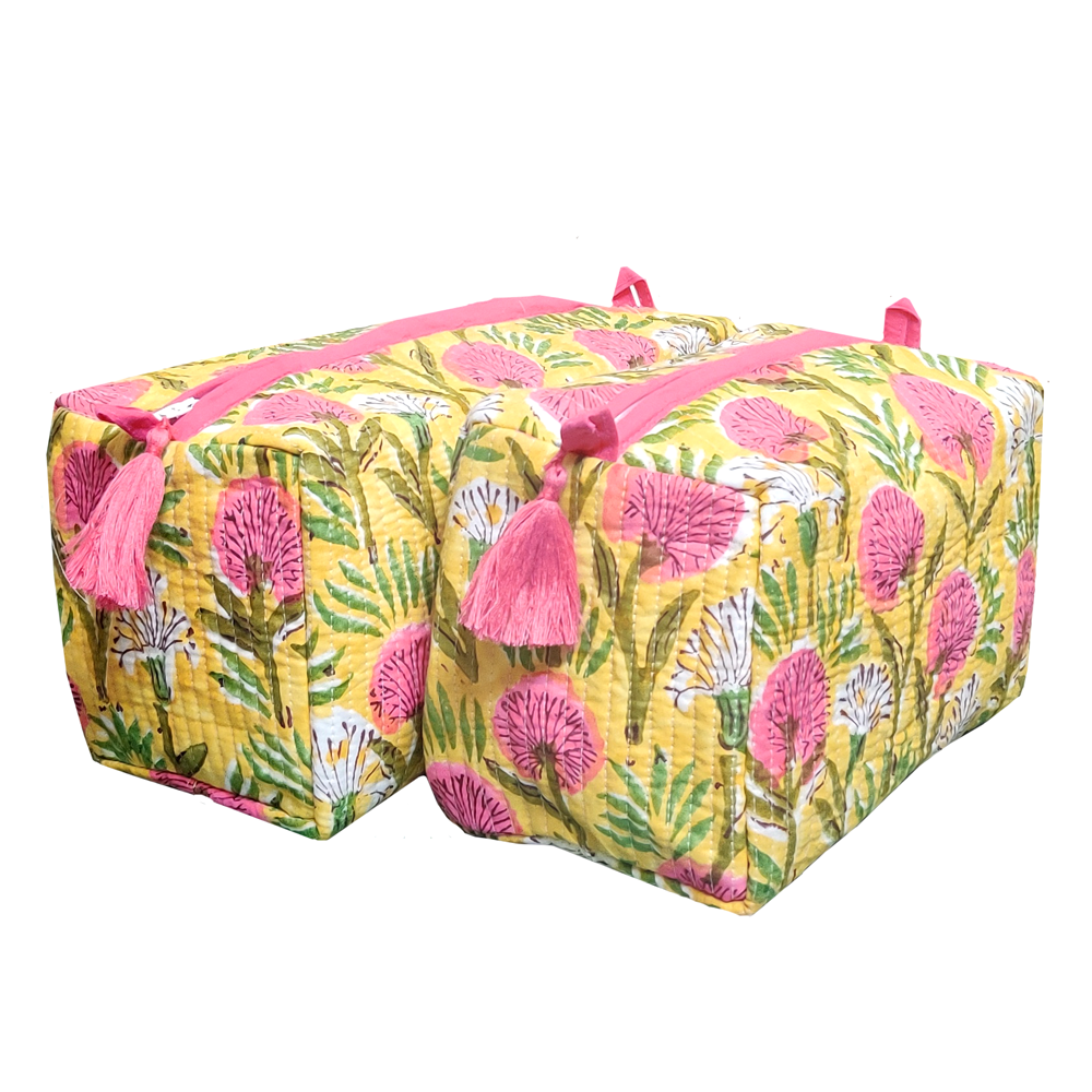 Hand Block Printed Cotton Quilted Cosmetic Bag Set of 2 Desert Blossom Pink Gud 200107