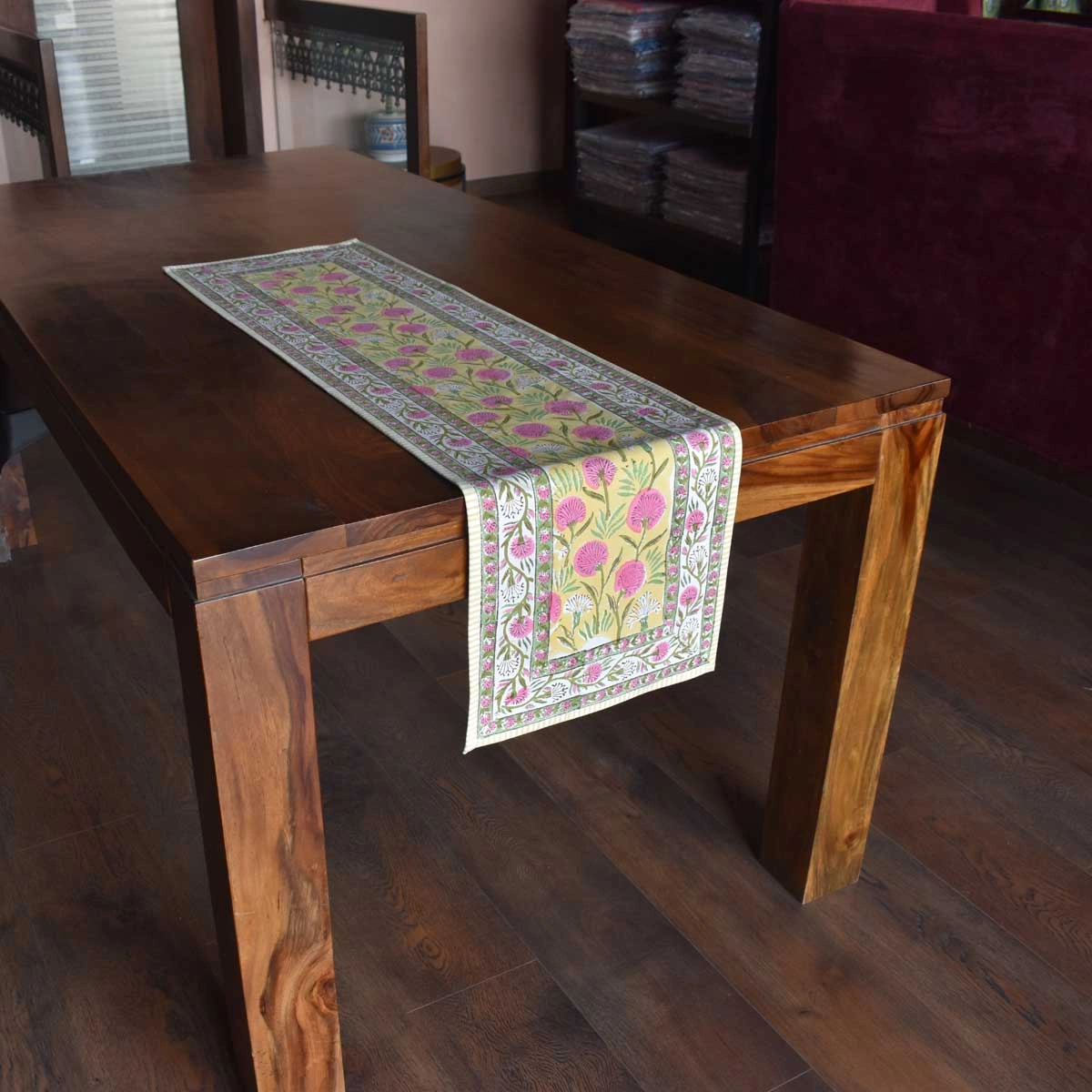 Hand Block Printed Cotton Canvas Table Runner 33x120 cms Desert Blossom Pink Gud 205225