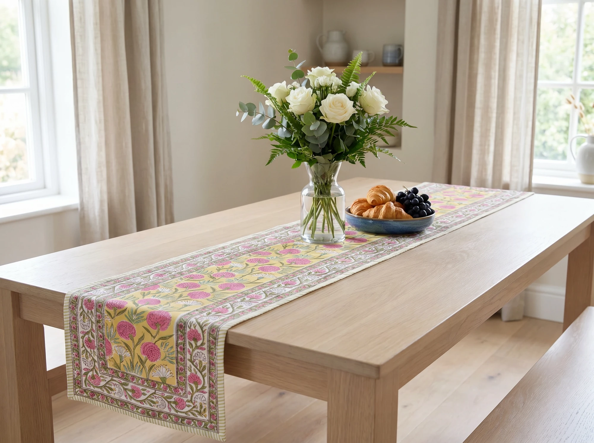Hand Block Printed Cotton Canvas Table Runner 33x120 cms Desert Blossom Pink Gud 205225