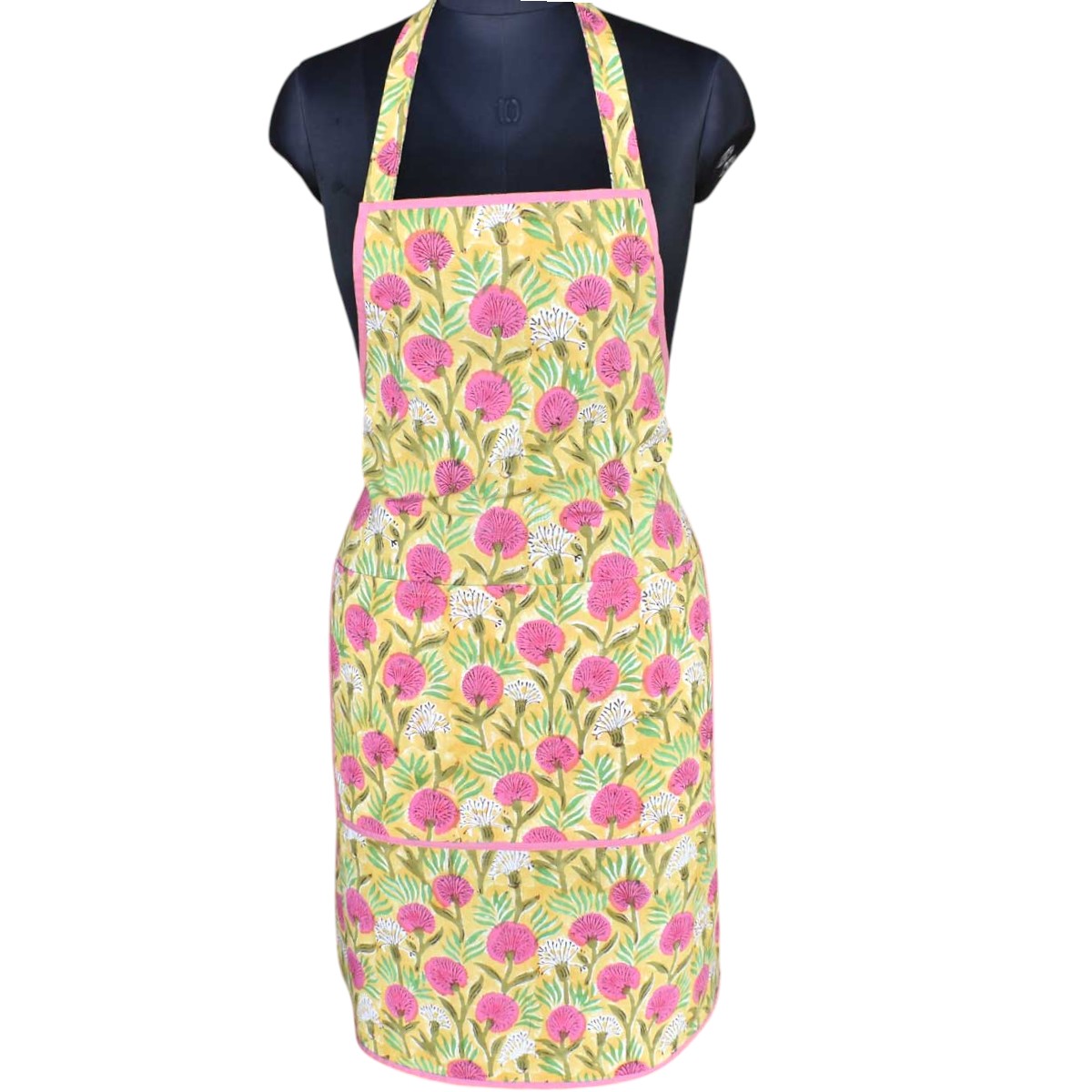 Indian Block-Printed 100 Cotton Apron Desert Blossom Pink Gud 620632
