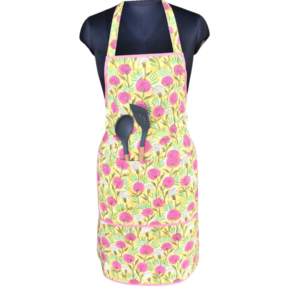 Indian Block-Printed 100 Cotton Apron Desert Blossom Pink Gud 620632