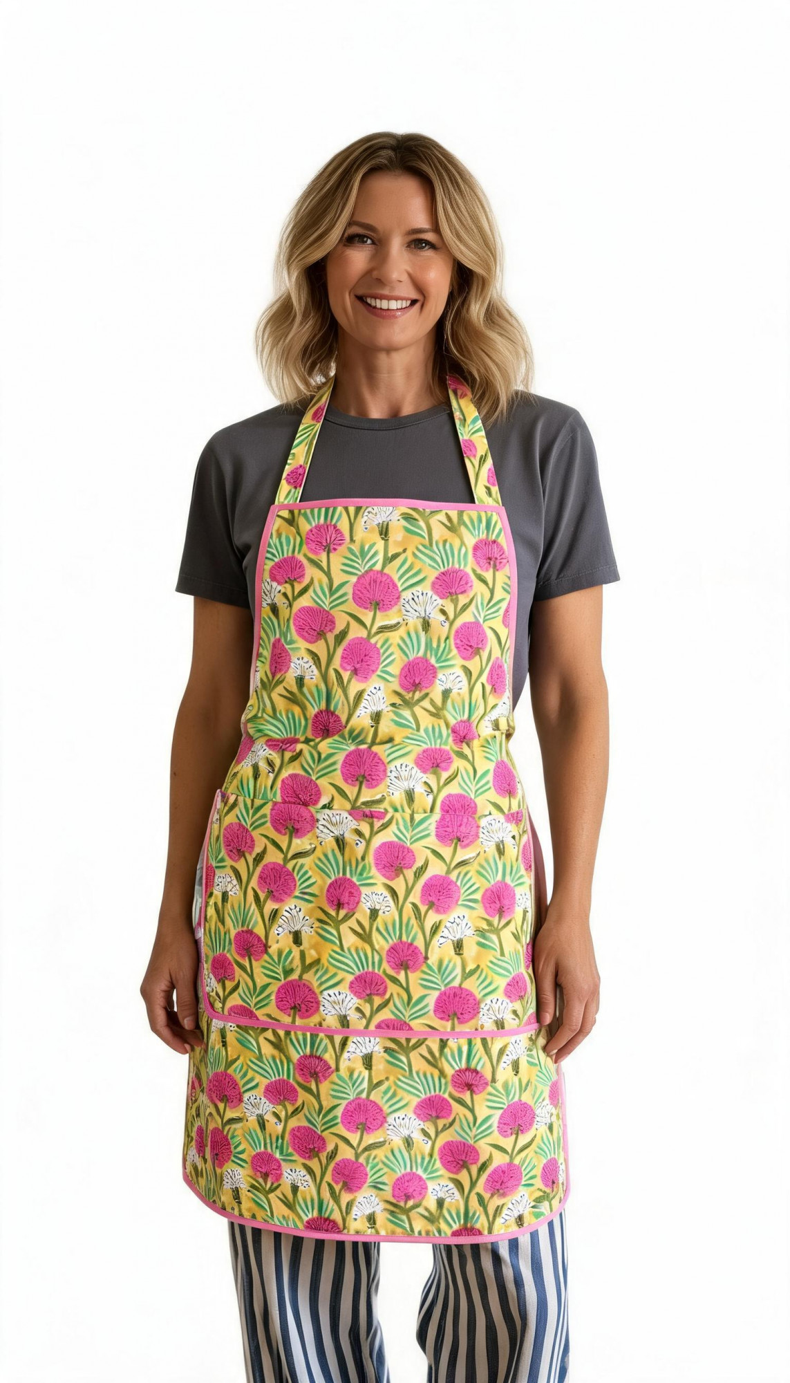 Indian Block-Printed 100 Cotton Apron Desert Blossom Pink Gud 620632