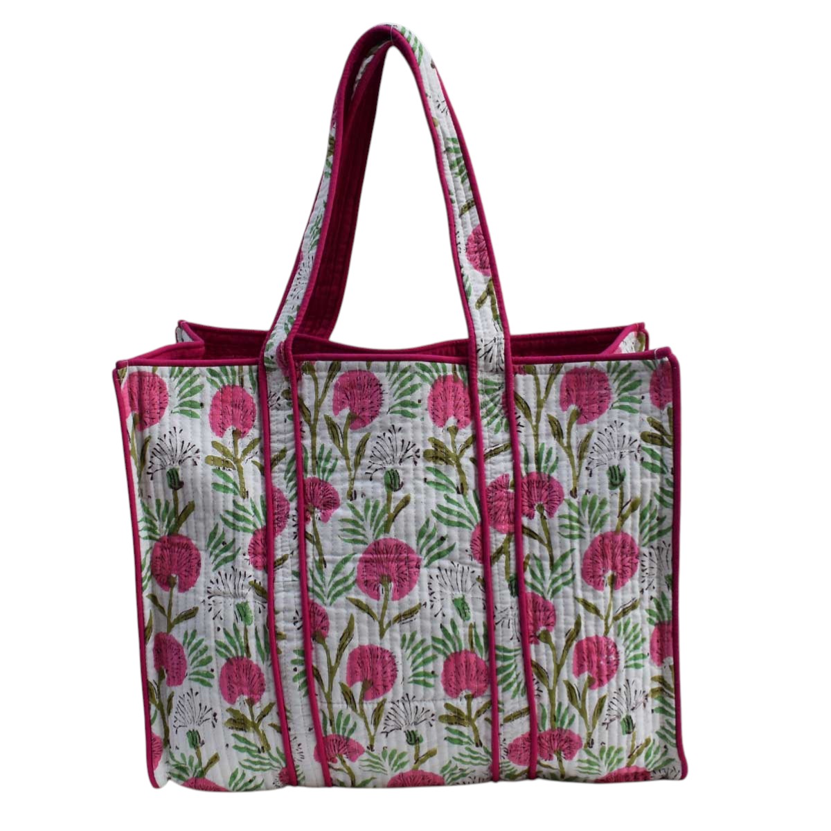 Hand Block Printed Cotton Quilted Tote Bag Desert Blossom Pink Open 501440