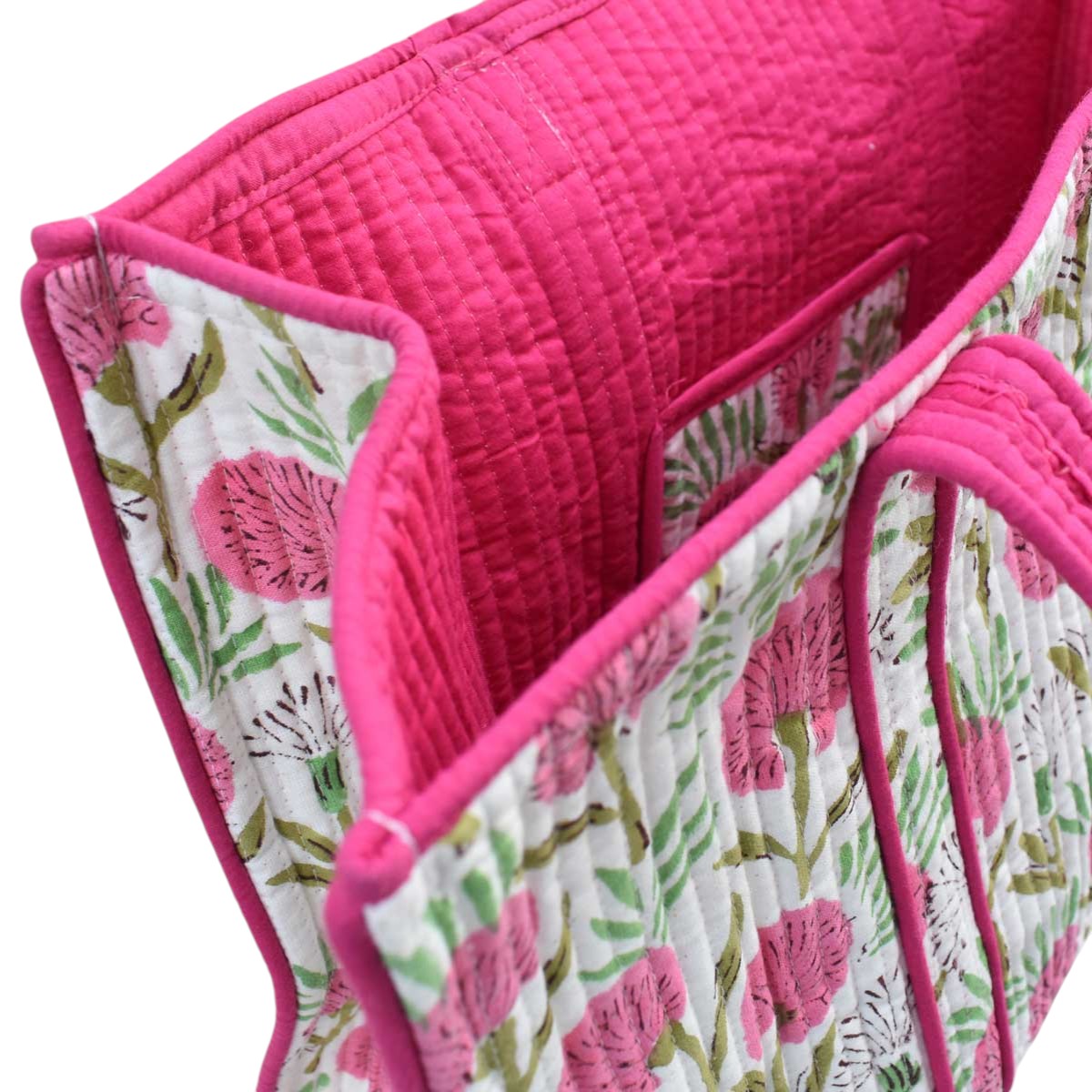 Hand Block Printed Cotton Quilted Tote Bag Desert Blossom Pink Open 501440