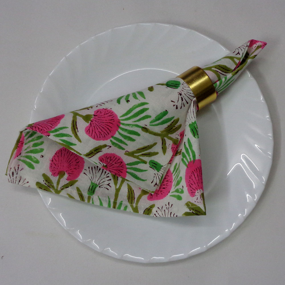 Hand Block Printed Cotton Napkin 45x45 cms Set of 4 Napkins Desert Blossom Pink Open 501440