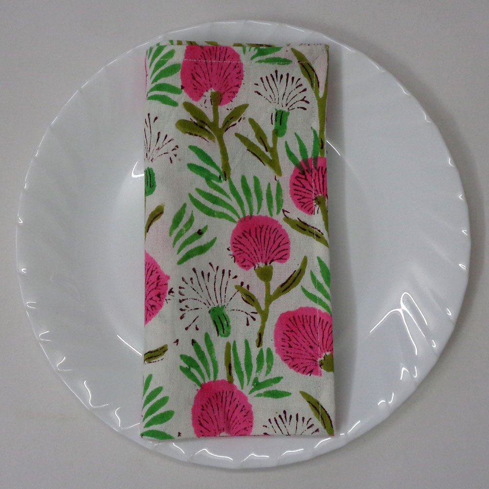 Hand Block Printed Cotton Napkin 45x45 cms Set of 4 Napkins  Desert Blossom Pink Open 501440