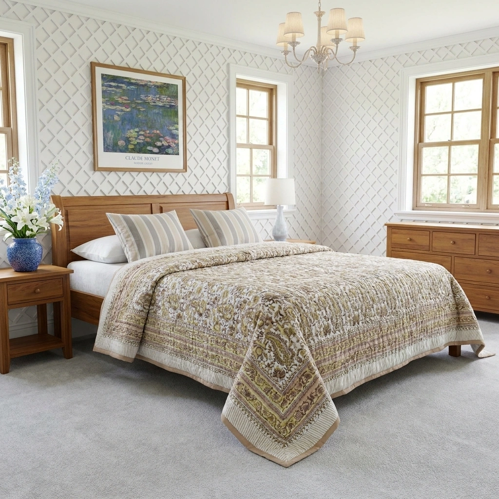 Hand Block Printed Cotton Queen Size Quilt Desert Paisley 260114