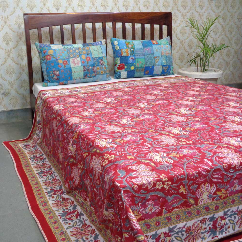 Indian Hand Block Printed Cotton Dohar Queen Size Anarkali Red 205559