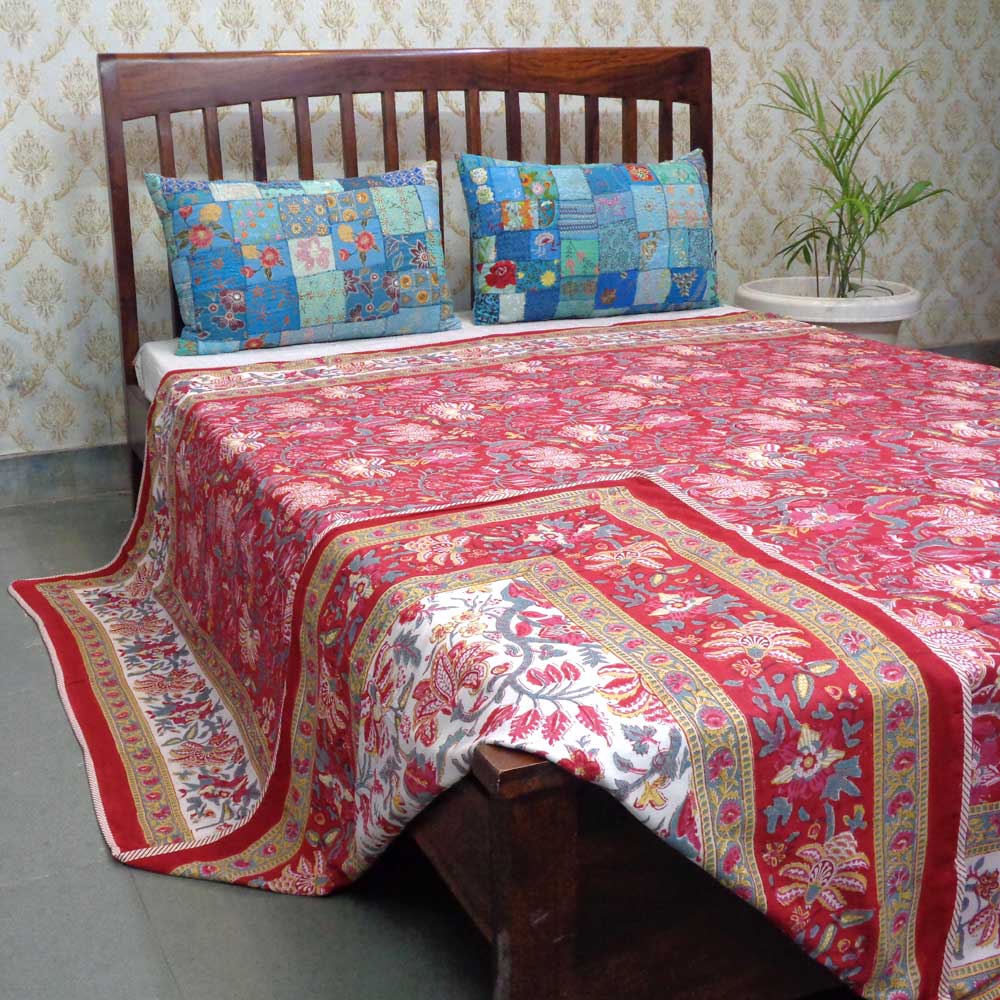 Indian Hand Block Printed Cotton Dohar Queen Size Anarkali Red 205559