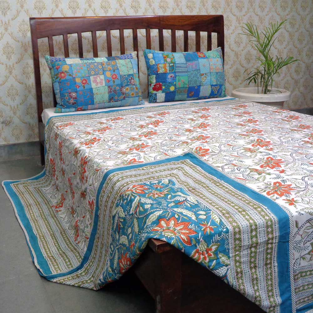 Indian Hand Block Printed Cotton Dohar Queen Size Bossanova Green Gud 393939