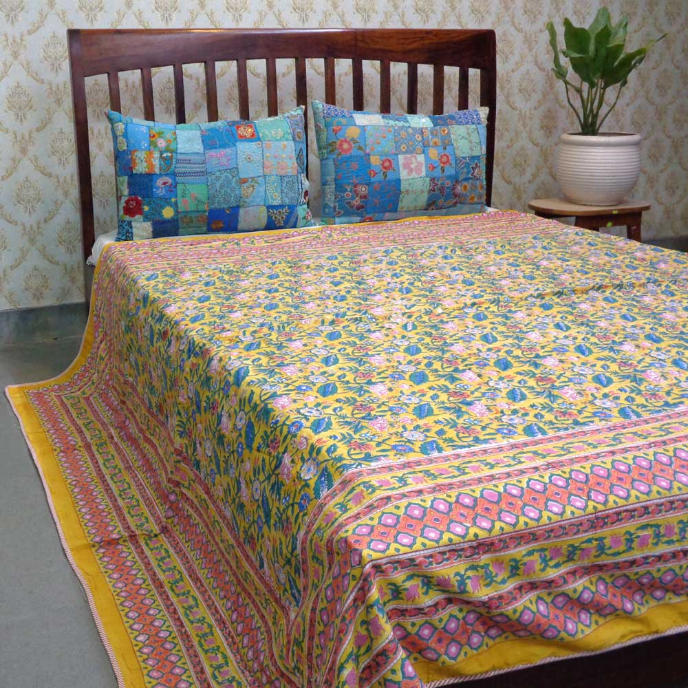 Hand Block Printed Cotton Dohar Queen Size  Wild Flower Canary Yellow 202201