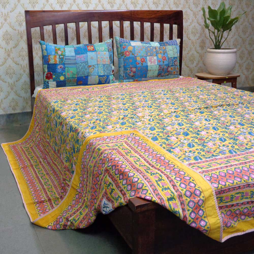 Hand Block Printed Cotton Dohar Queen Size  Wild Flower Canary Yellow 202201