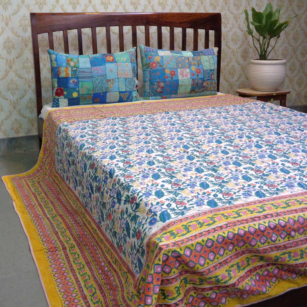 Hand Block Printed Cotton Dohar Queen Size  Wild Flower Canary Yellow 202201