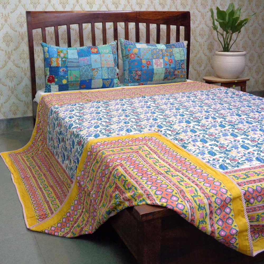 Hand Block Printed Cotton Dohar Queen Size  Wild Flower Canary Yellow 202201