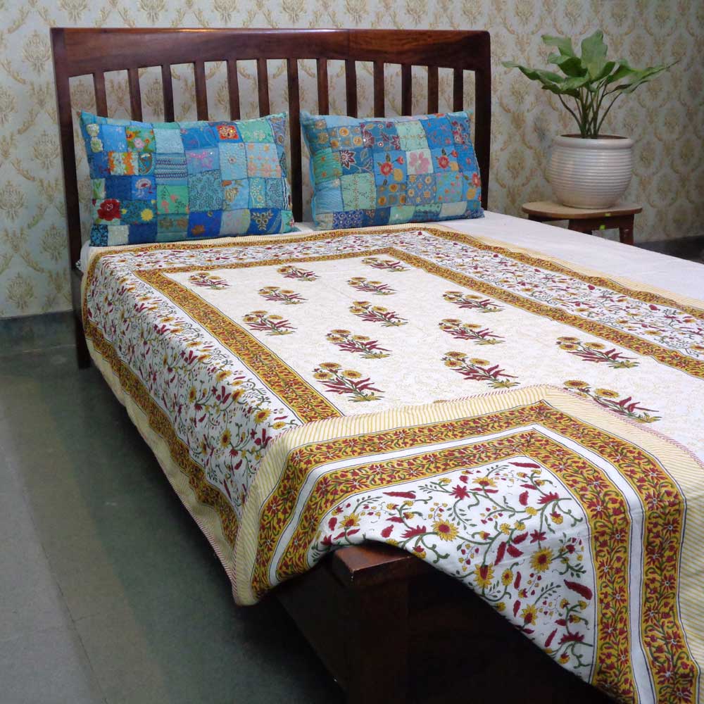 Hand Block Printed Cotton Twin Size Dohar Kali Boota Pila 100274