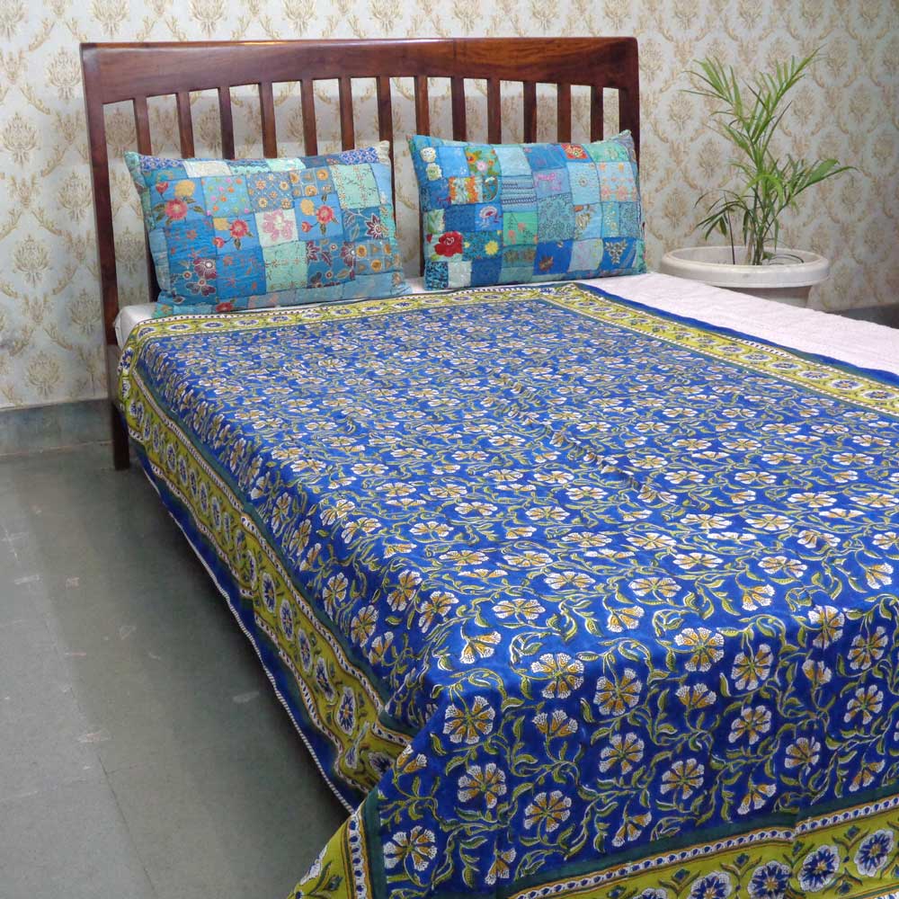 Hand Block Printed Cotton Twin Size Dohar Chakri Blue Gud 102656