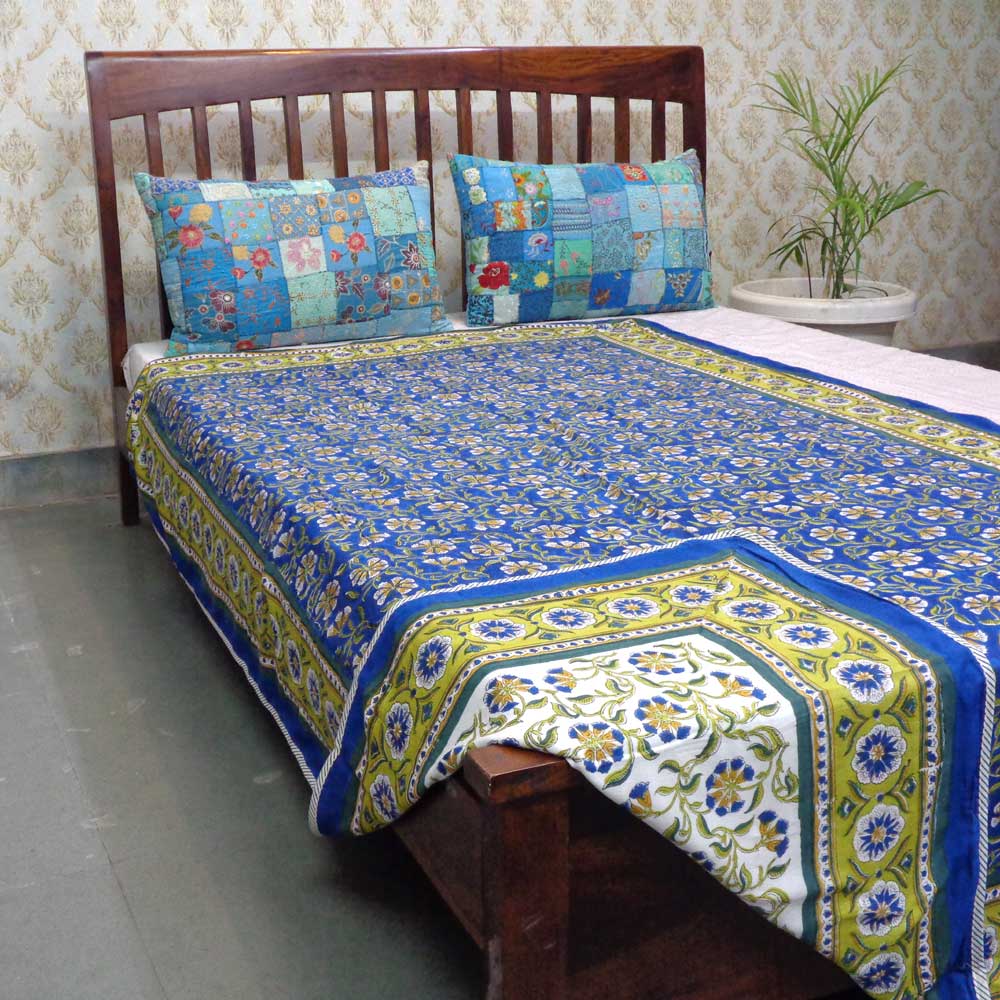 Hand Block Printed Cotton Twin Size Dohar Chakri Blue Gud 102656