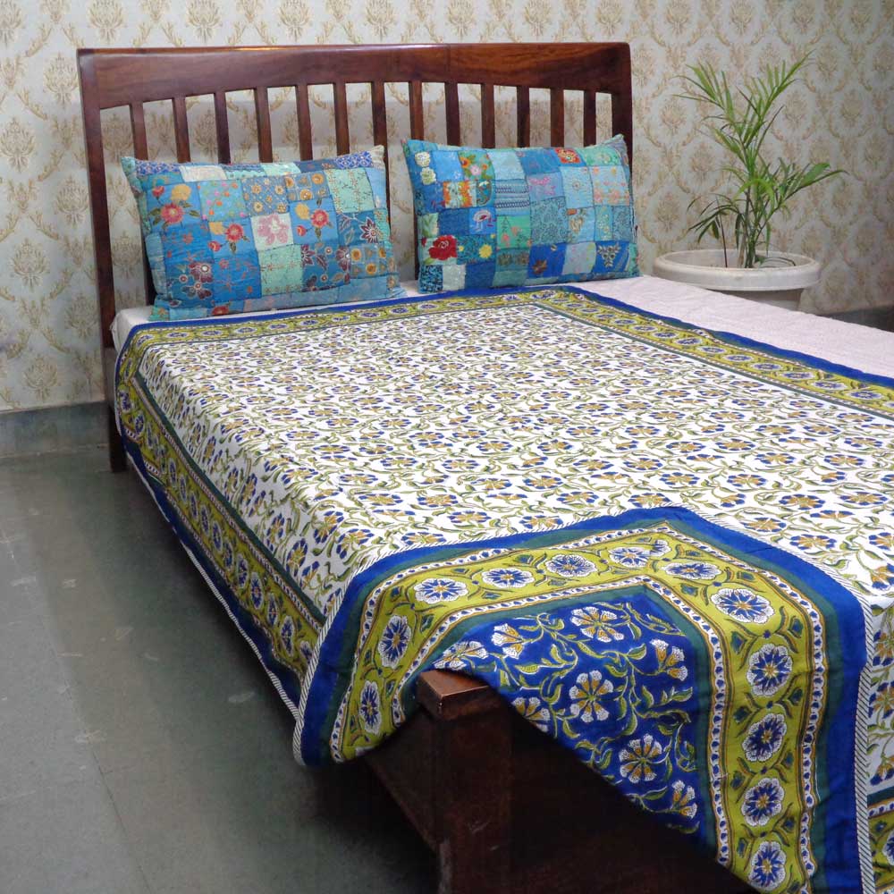 Hand Block Printed Cotton Twin Size Dohar Chakri Blue Gud 102656