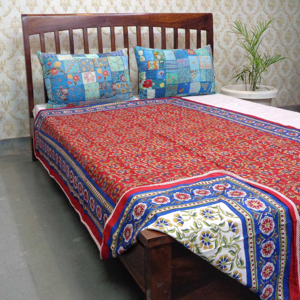Hand Block Printed Cotton Twin Size Dohar Chakri Red Gud 101748