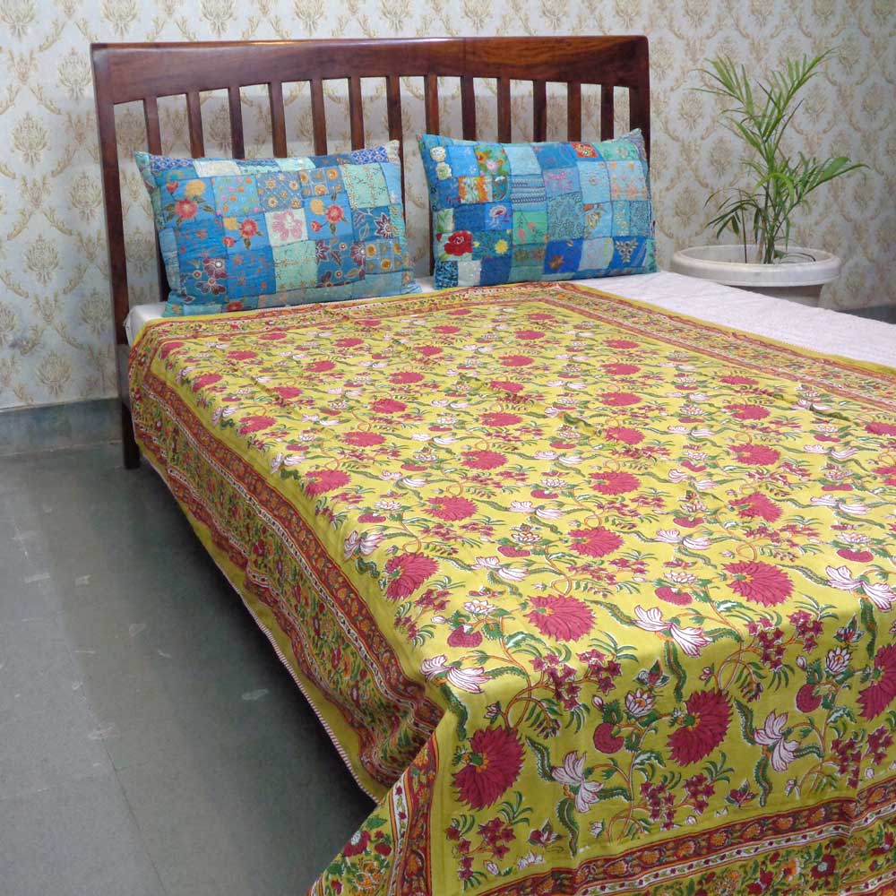 Hand Block Printed Cotton Twin Size Dohar Flower Blossom Canary 205801
