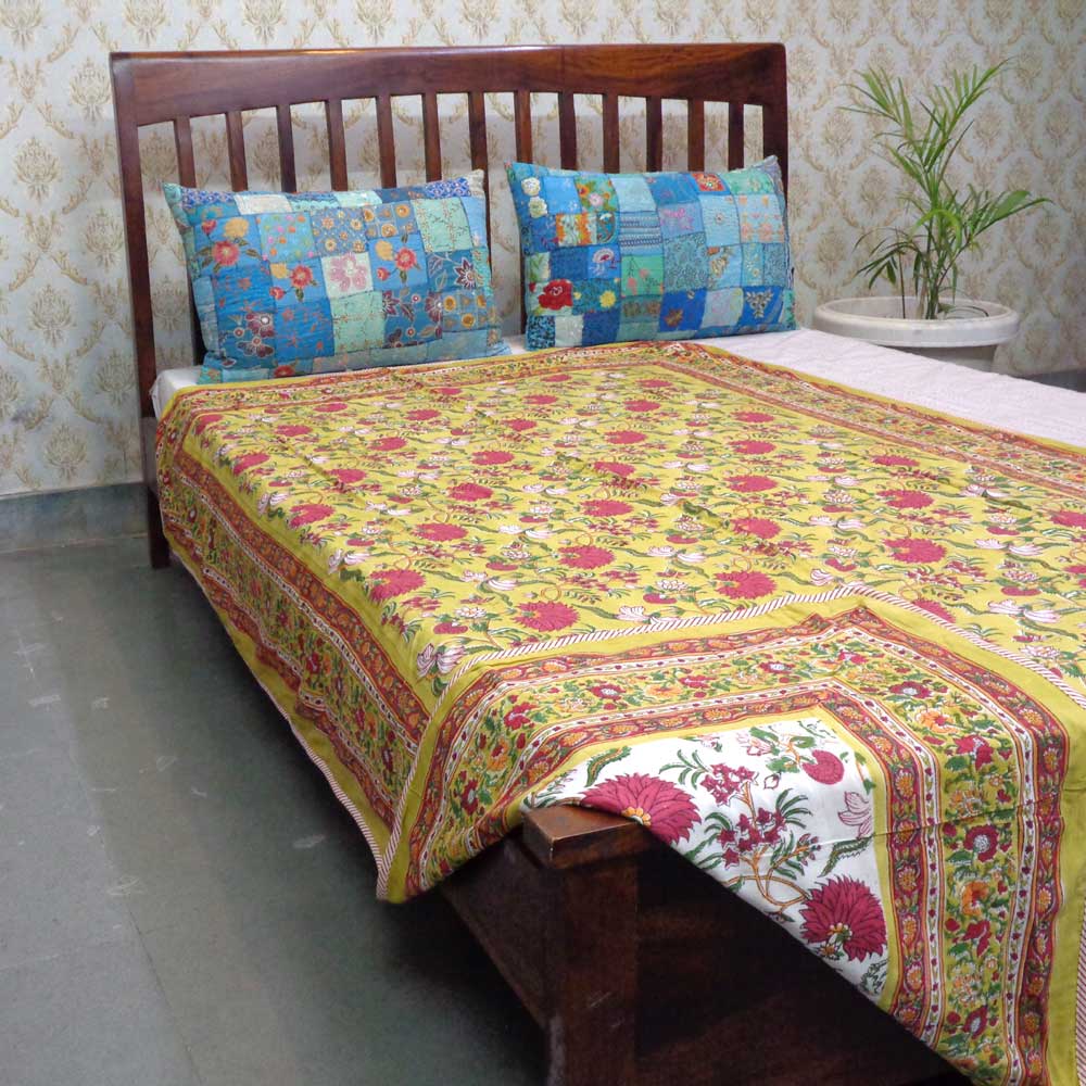 Hand Block Printed Cotton Twin Size Dohar Flower Blossom Canary 205801