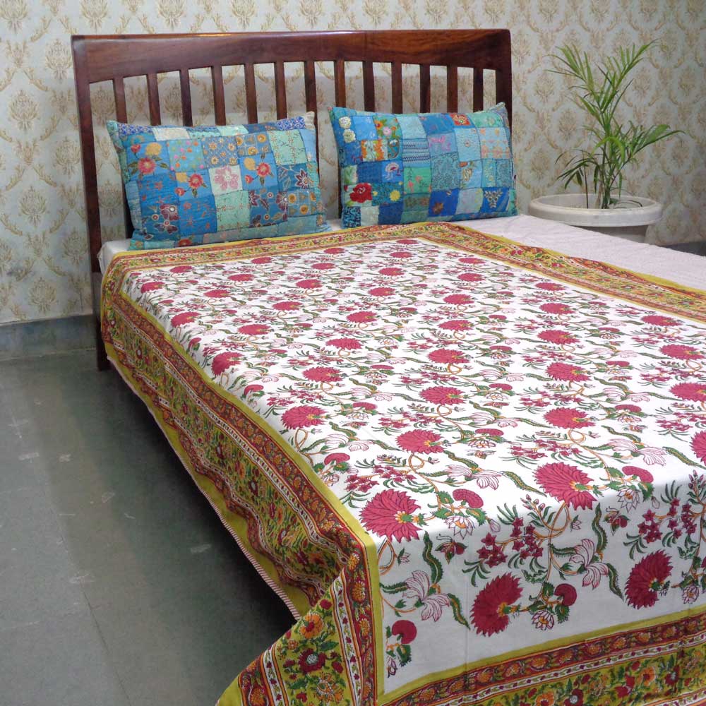 Hand Block Printed Cotton Twin Size Dohar  Flower Blossom Canary 205801