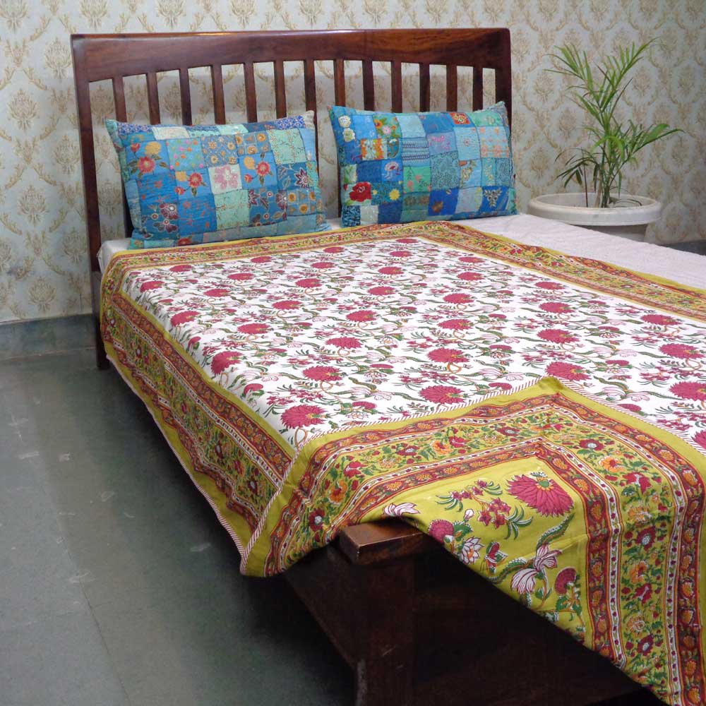 Hand Block Printed Cotton Twin Size Dohar Flower Blossom Canary 205801