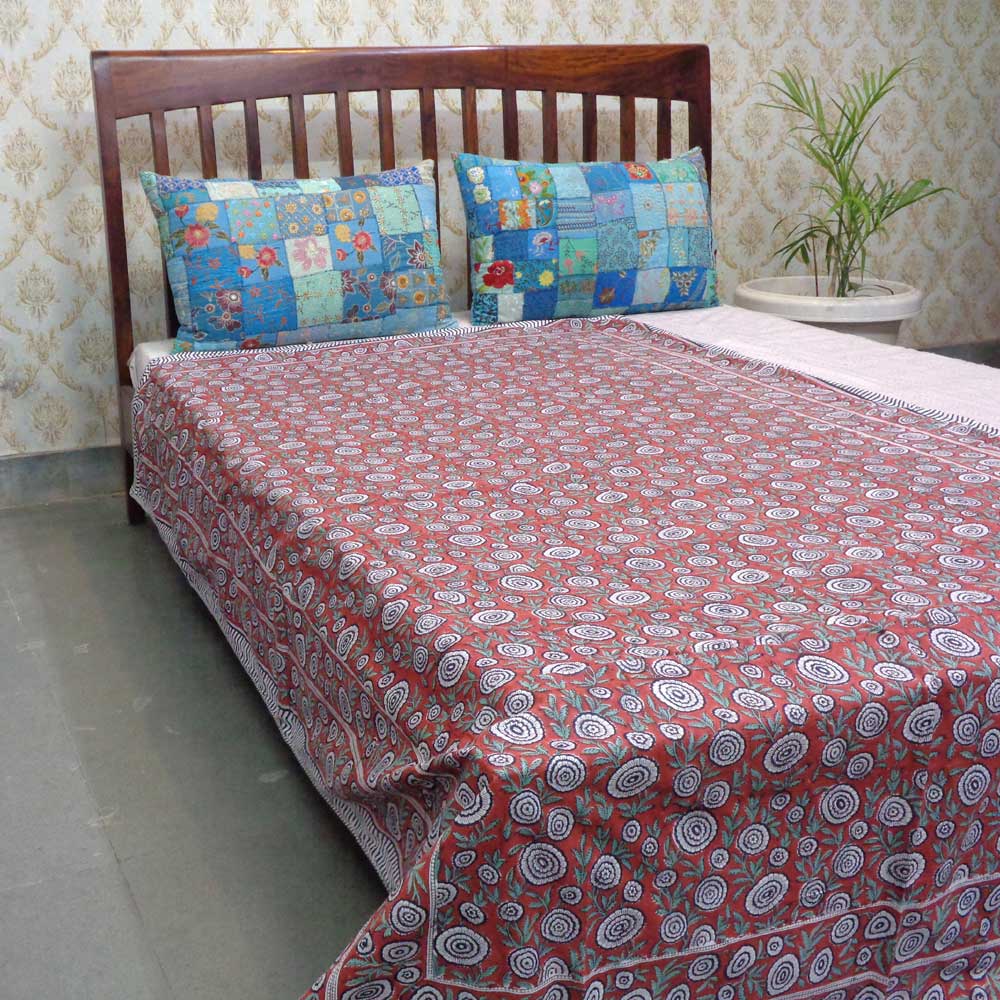 Hand Block Printed Cotton Twin Size Dohar  Gol Phool Brown 205723