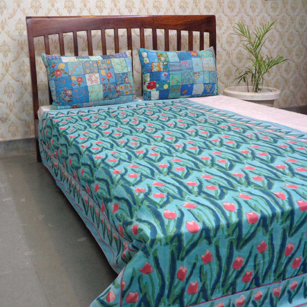 Hand Block Printed Cotton Twin Size Dohar Lambi Patti Tulip 205826