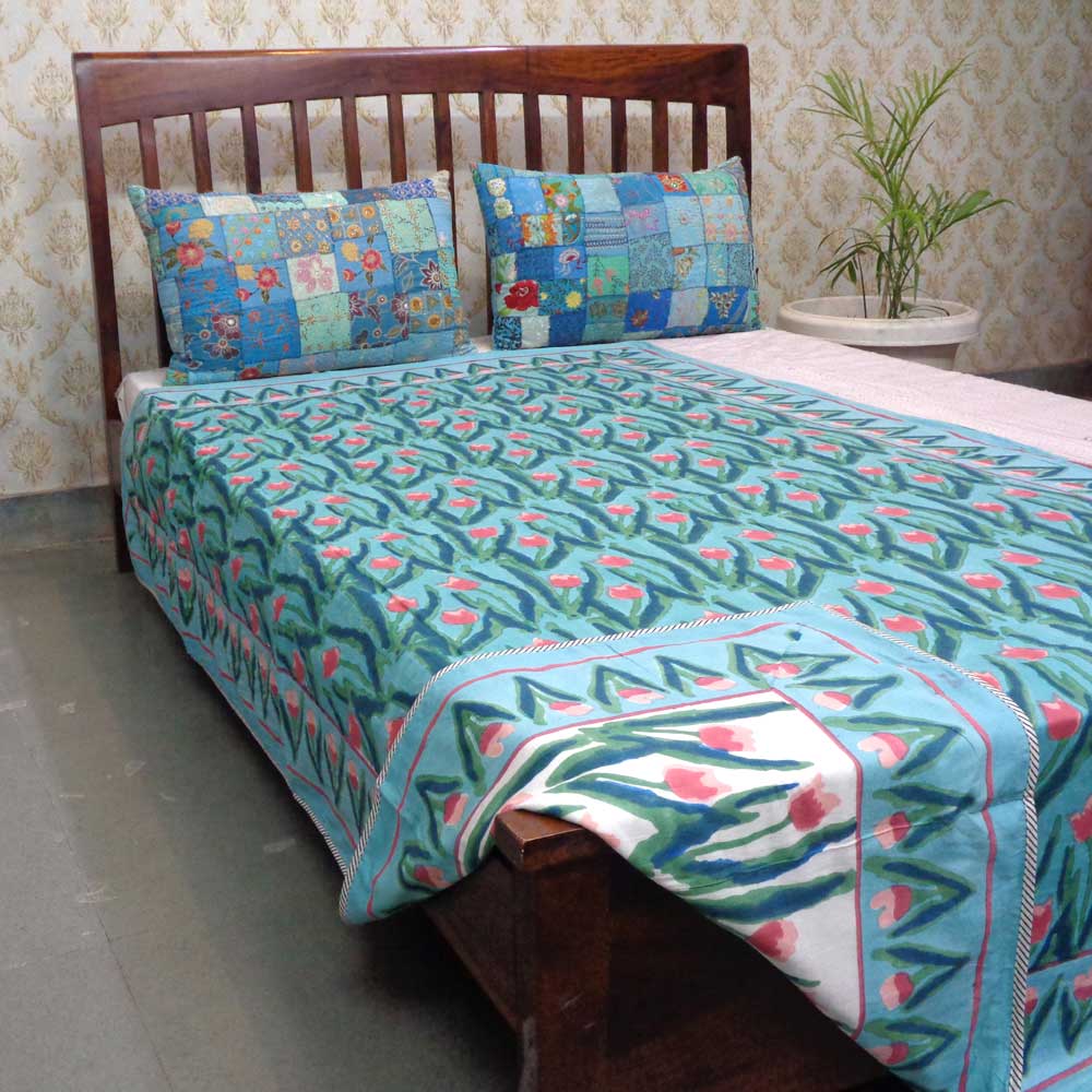 Hand Block Printed Cotton Twin Size Dohar Lambi Patti Tulip 205826