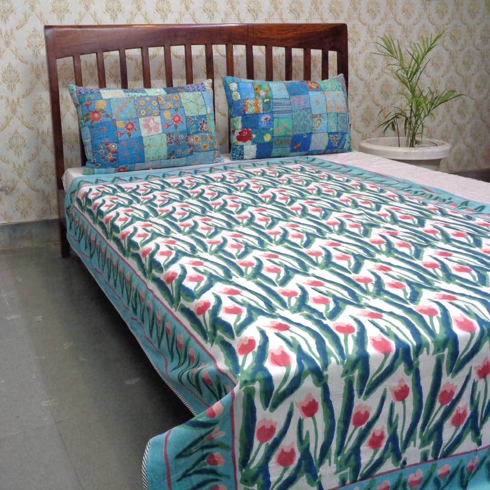 Hand Block Printed Cotton Twin Size Dohar Lambi Patti Tulip 205826