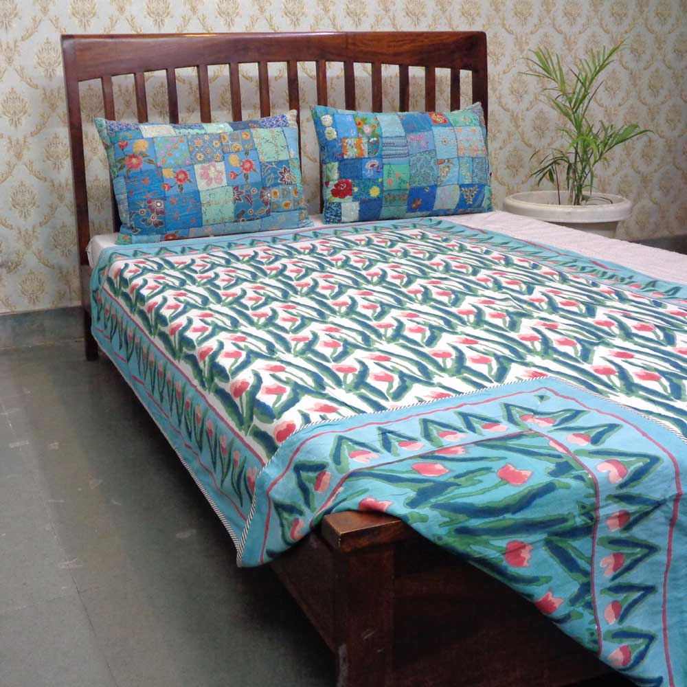 Hand Block Printed Cotton Twin Size Dohar Lambi Patti Tulip 205826