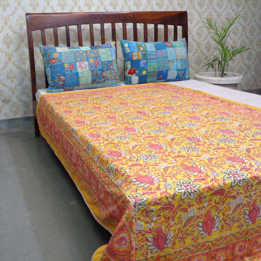Hand Block Printed Cotton Twin Size Dohar Pila Lotus 205636