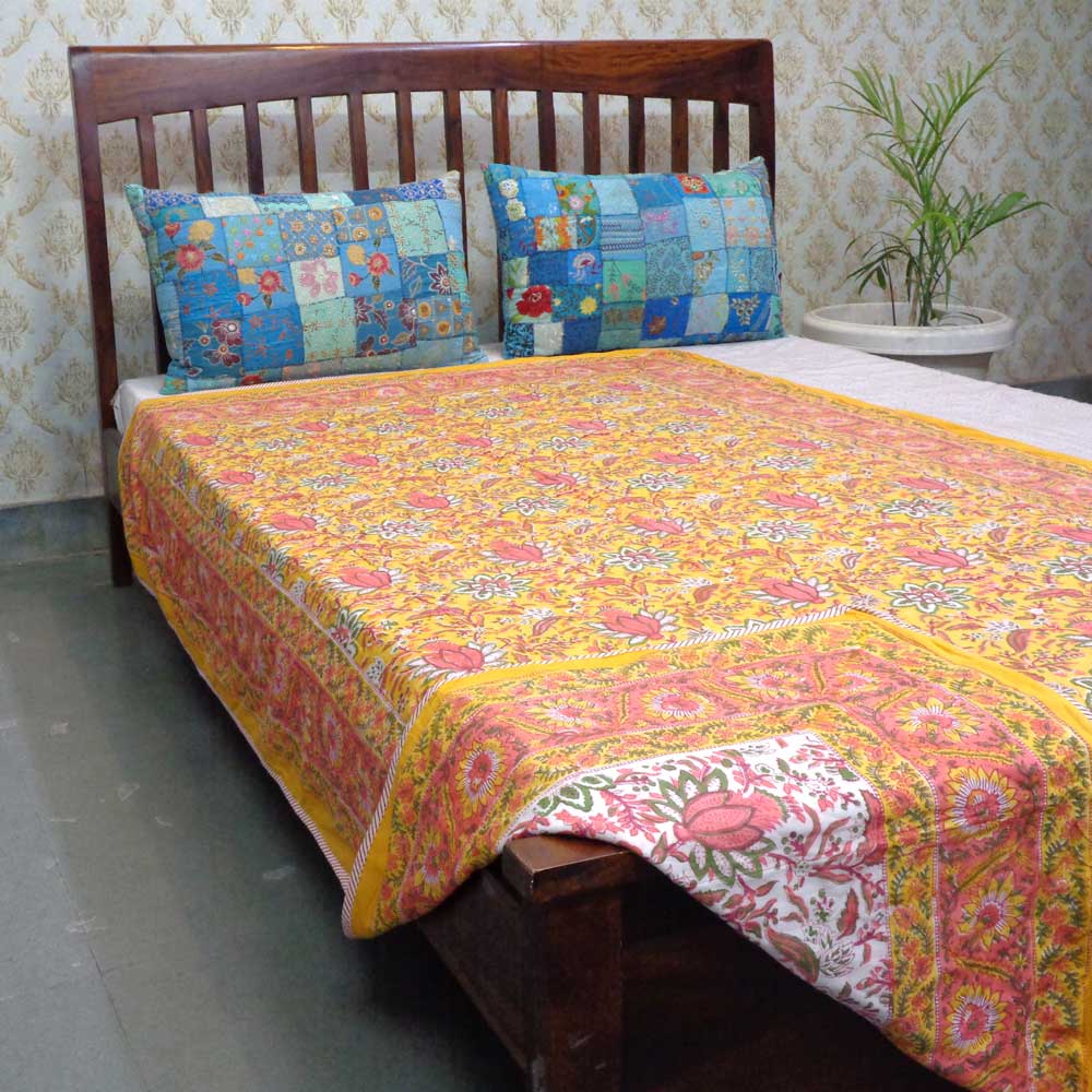 Hand Block Printed Cotton Twin Size Dohar Pila Lotus 205636