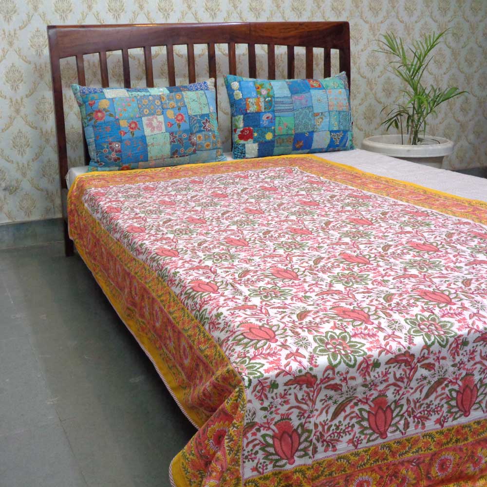 Hand Block Printed Cotton Twin Size Dohar Pila Lotus 205636