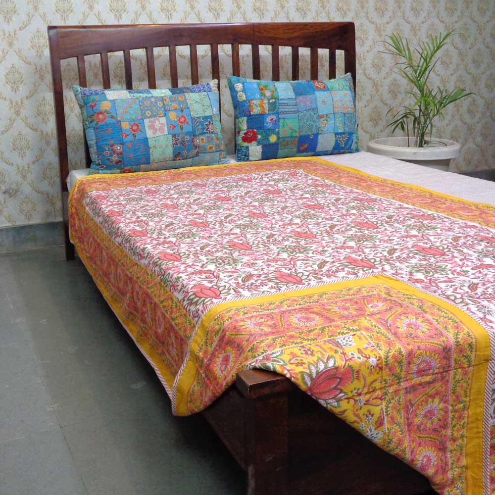 Hand Block Printed Cotton Twin Size Dohar Pila Lotus 205636