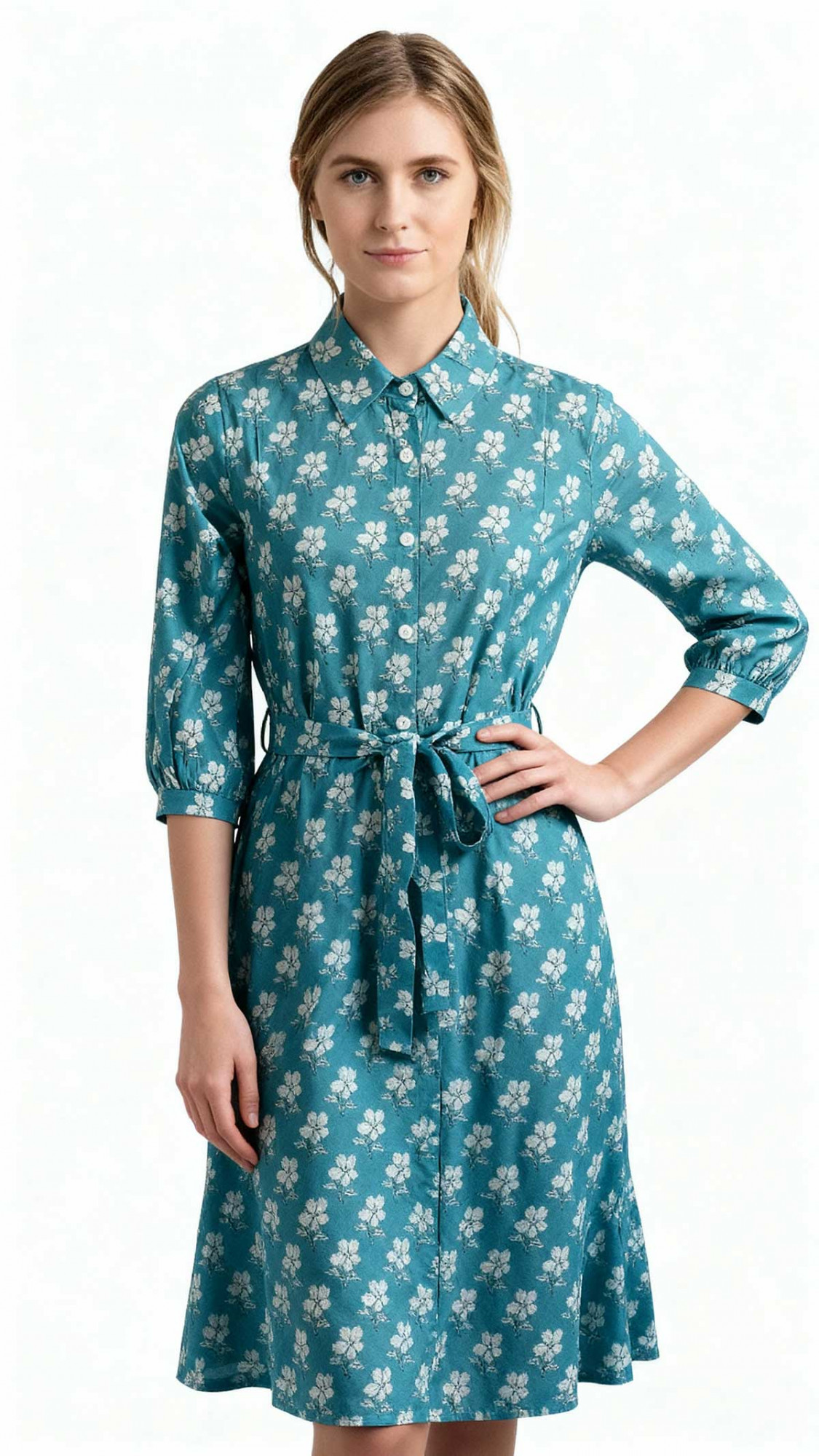 Aqua Hand Printed Cotton Long Shirt Dress for Women