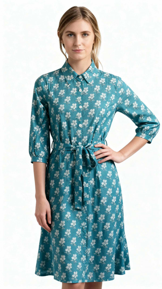 Image of Aqua Hand Printed Cotton Long Shirt Dress for Women