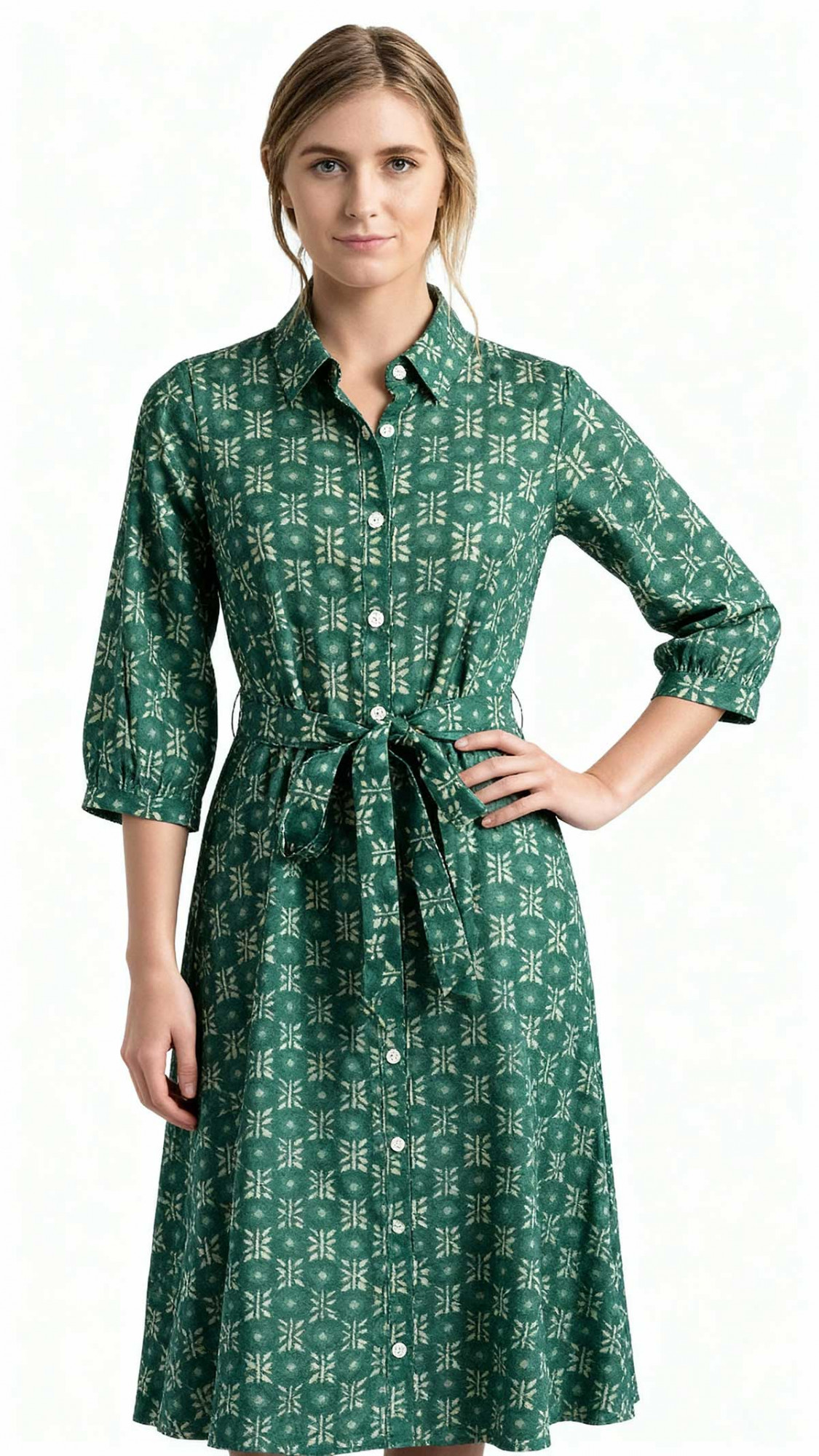 English Green Hand Printed Cotton Long Shirt Dress for Women