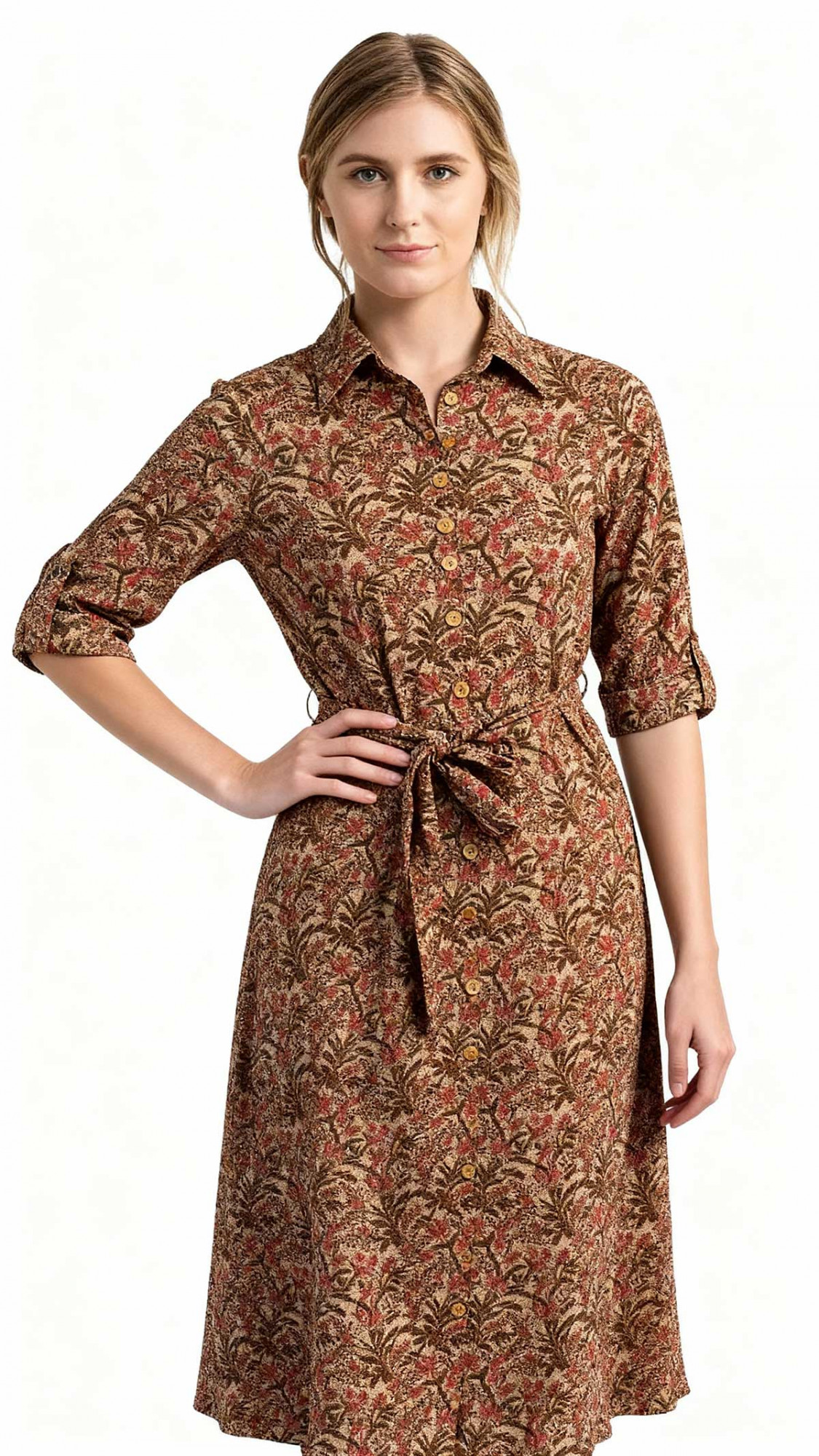 Floral Beige Hand Printed Cotton Long Shirt Dress for Women