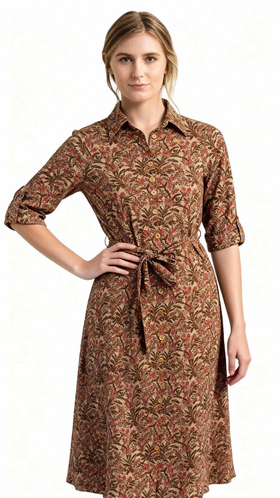 Image of Floral Beige Hand Printed Cotton Long Shirt Dress for Women