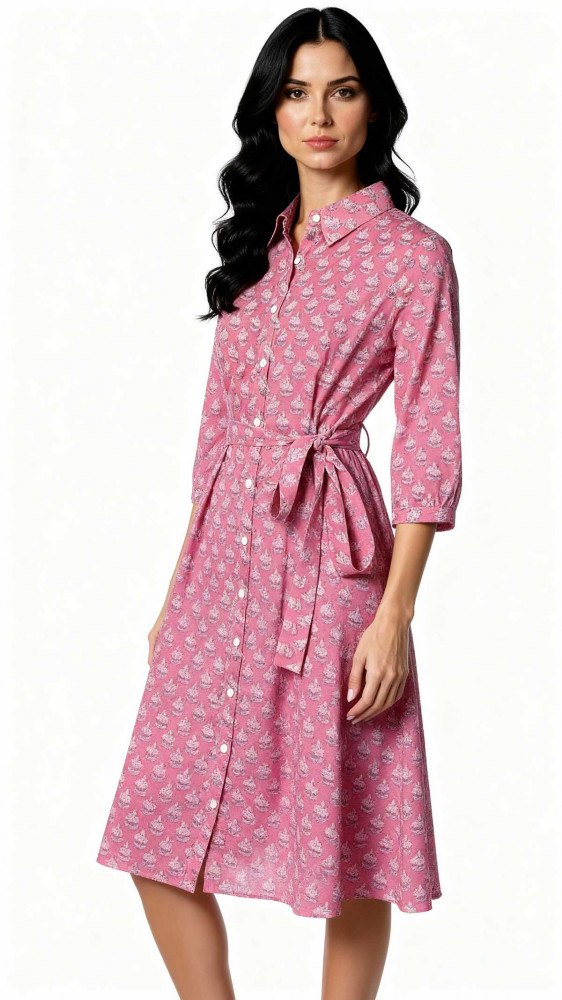 Image of Hand Printed Cotton Long Shirt Dress for Women