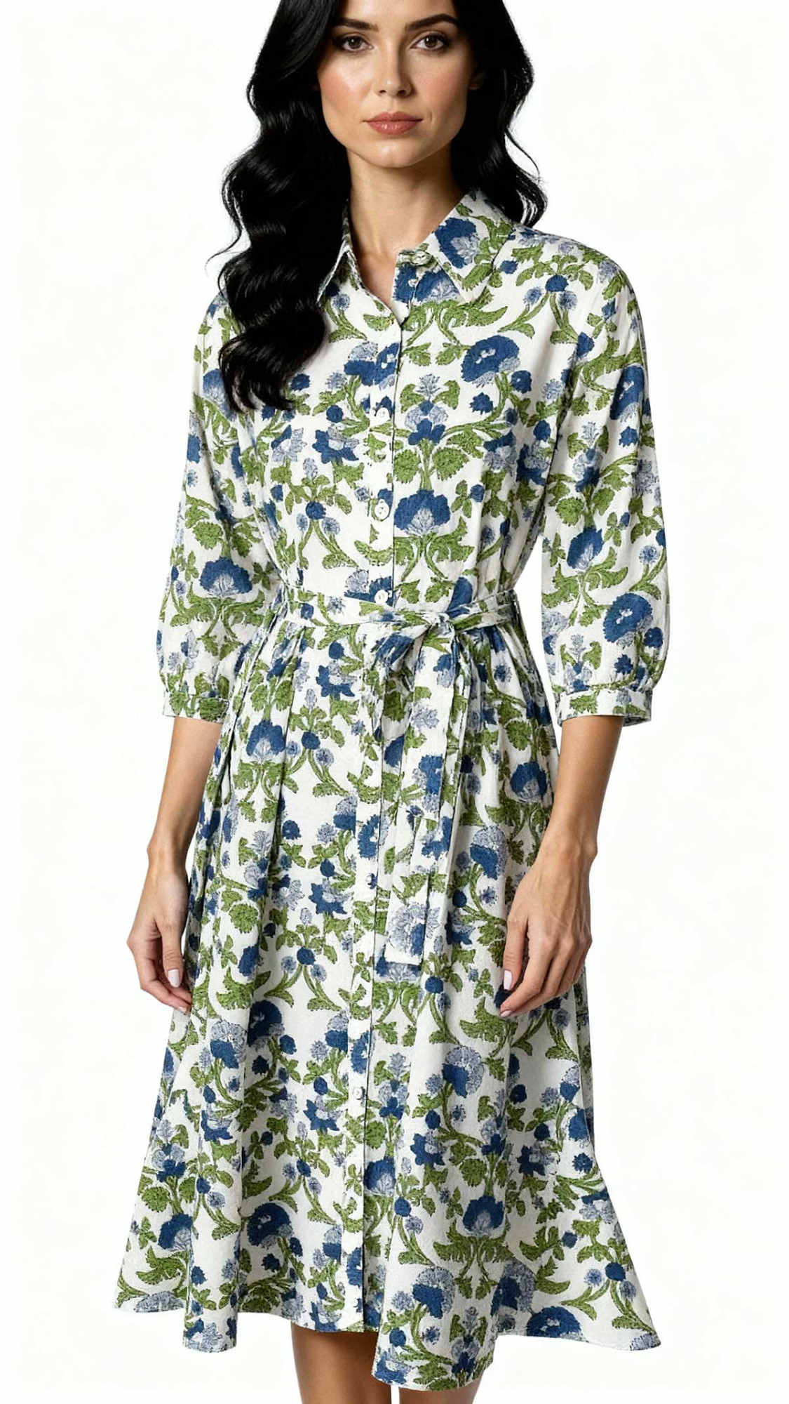 Hand Printed Cotton Long Shirt Dress for Women