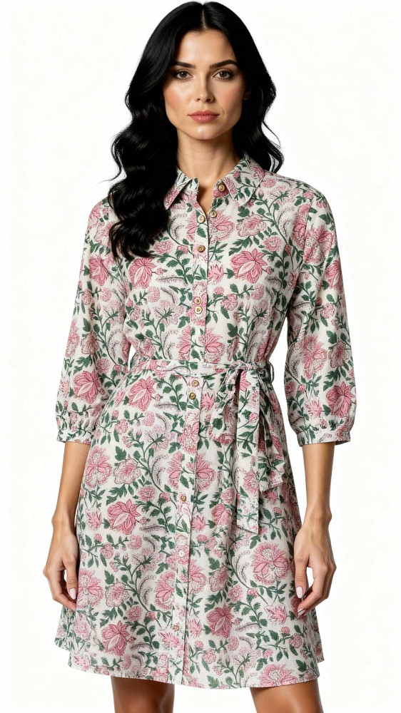 Image of Hand Printed Cotton Long Shirt Dress for Women