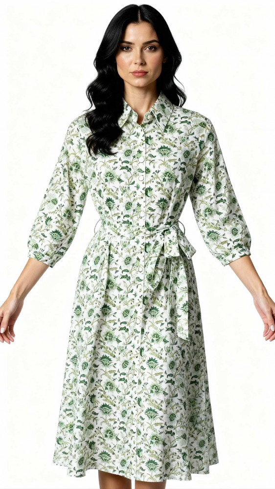 Image of Hand Printed Cotton Long Shirt Dress for Women
